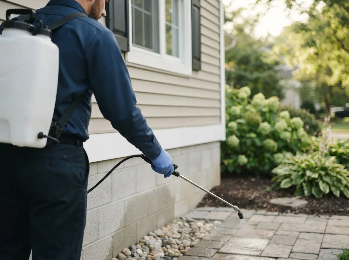 Pest control technician inspecting a home in Argenta, IL